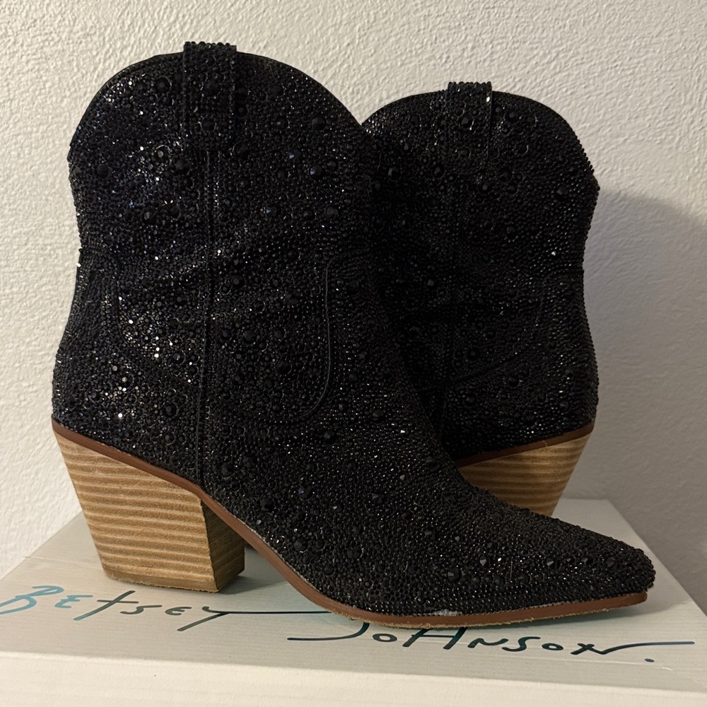 Betsey Johnson Emory Rhinestone Western Boot - Size 9, Black